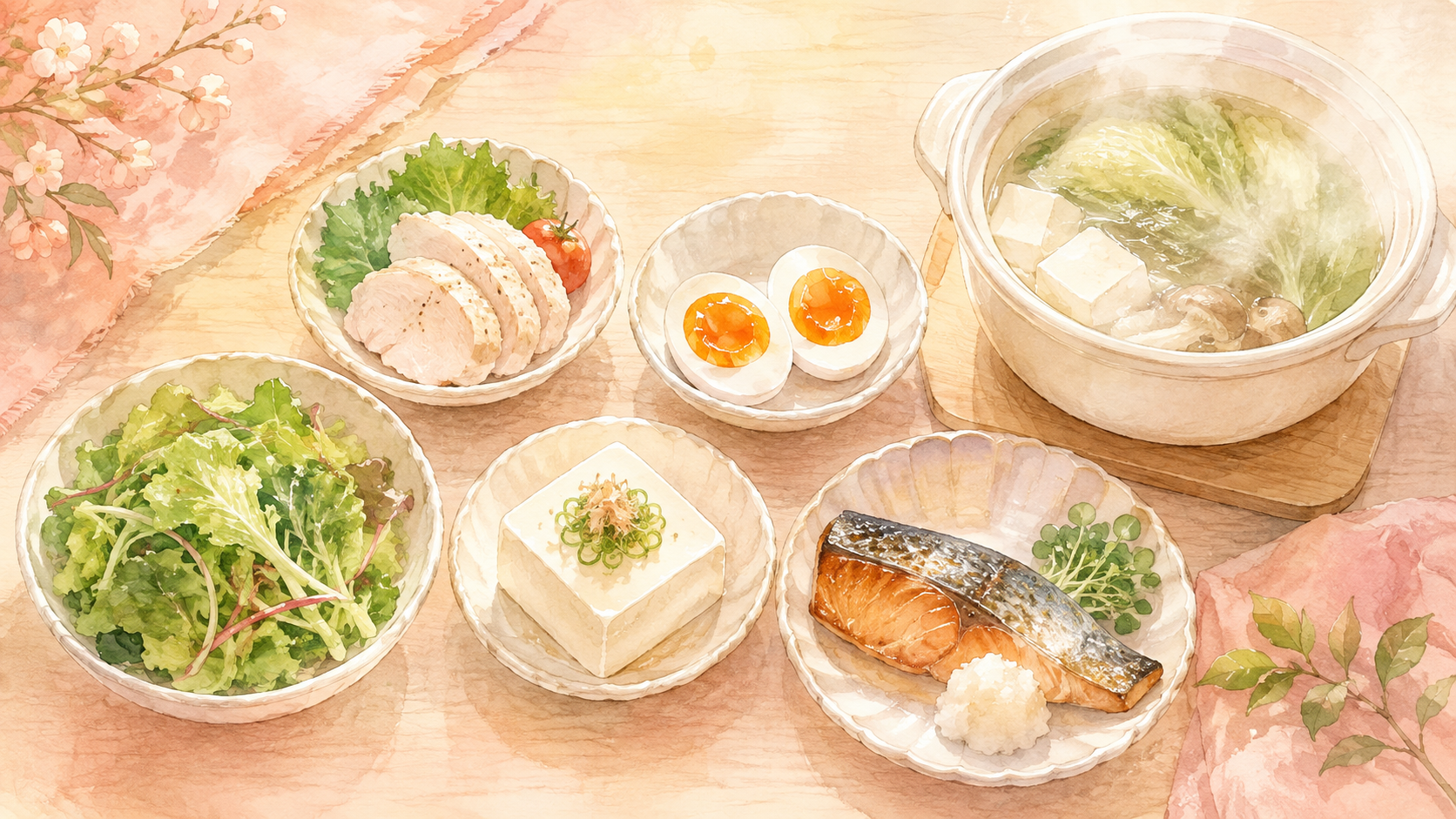 サラダチキン・ゆで卵・サラダ・豆腐・焼き魚・鍋が並んだ低糖質の食事のイラスト