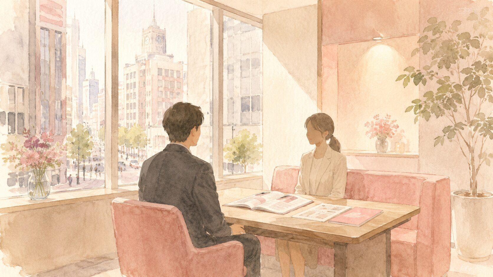 銀座のビル街を望む相談ブースで、ガイドブックを開いて面談する2人のイラスト